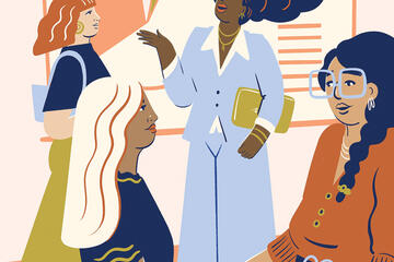 Illustration of four women; two in the foreground shake hands, while the two in the back discuss a pie chart on the wall
