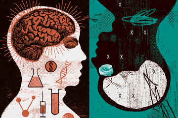 An illustration giving a glimpse inside two heads. One, along with a brain, has dollar signs, test tubes, syringes, and DNA strands. The other, which is upside down, just has X's and a cavity where the brains should be.