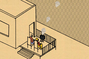 Illustration of two people grilling in their backyard surrounded by walls