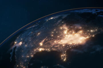 Highly detailed 3D generated image with volumetric clouds lit by US city lights. Made from high res 20k textures by NASA