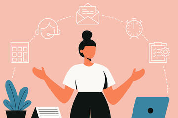 Woman in an office juggling icons for email, a clock, and other components of her busy day