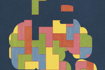 A multicolored brain composed of Tetris-like shapes