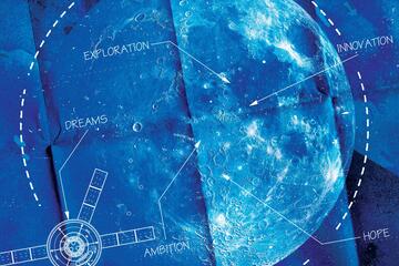 Illustration of the moon with a spacecraft next to it