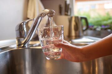 A child's hand fills up a cup of water in the sink.
