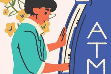 Illustration of a person standing at an ATM to get out money