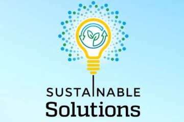 Logo for the Sustainable Solutions Series, which shows a lightbulb surrounded by blue and green dots forming a flower-like shape and inside the bulb a sprout with two arrows forming a circle