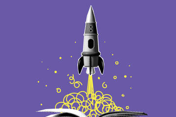 image of a rocket ship blasting out of an open book. Yellow cartoon smoke is coming out of the rocket's end, and the background is purple. 