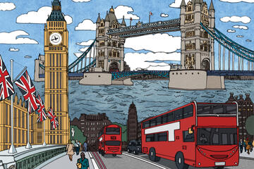 Illustration of London landmarks, including Big Ben, a bridge, and two double-decker buses