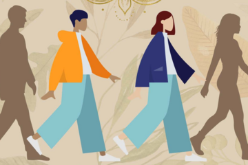 Illustration of four people walking single file