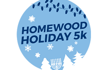 Blue-and-white illustration for the Homewood Holiday 5K that includes snowflakes, trees, a menorah, and string lights
