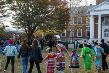 Photograph of a past Indigenous Peoples Day powwow on the quad at Johns Hopkins
