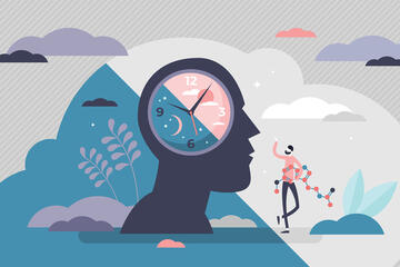 An illustration of circadian rhythms with a clock and cloud