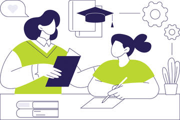 Two cartoon people--a mother and daughter--sit at a desk. The mother reads from a book to her daughter, who is holding a pencil