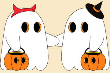 Illustration of two cute ghosts going trick-or-treating