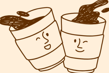 illustration of two personified coffee cups who seem to be friends