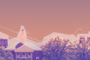 Pink and purple illustration of the Johns Hopkins Homewood campus with music notes floating in the sky