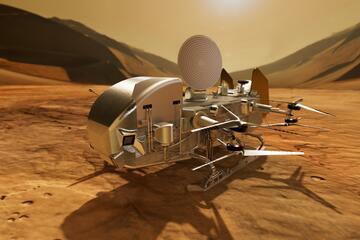 A small spacecraft is pictured on an orange, desert-like planet