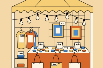 Colorful illustration of a booth at a craft fair or similar small-business market