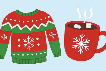 Illustration of a red and green holiday sweater and a red mug with a snowflake on it and filled with hot cocoa and marshmallows