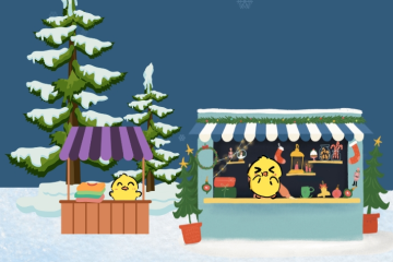 Illustration of two personified chicks at booths at an outdoor winter market