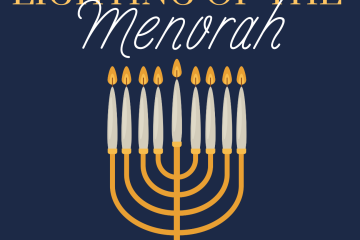 Illustration of a fully lit menorah with the text "Lighting of the menorah"