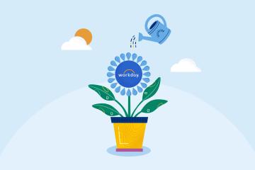 Watering can sprinkling a flower with the word Workday at its center