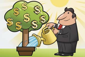 Illustration of man watering tree that's growing dollar signs