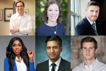The six from Hopkins who have been honored in the annual 40 Under 40 list compiled by the Baltimore Business Journal are: (top row, from left) John Avirett, Sarah Hemminger, and David Narrow; and (bottom row, from left) Wendy Osefo, Sashank Red