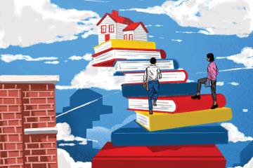 Illustration of books and a house in the clouds