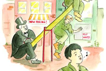Illustration of a man in a top hat and monocle left alone on a seesaw while workers walk away