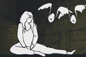 A cartoon women sits in a stone room while winged breasts fly around her