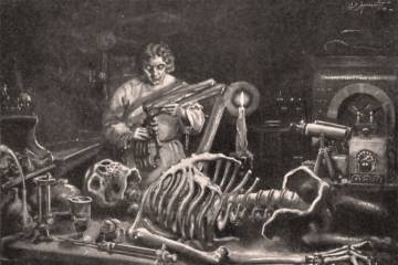 Etching of a scientist assembling a skeleton