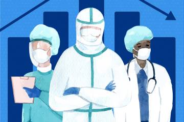 Illustration of three weary hospital employees 