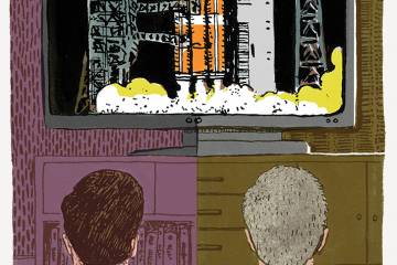 Illustration of a man and father watching a rocket launch