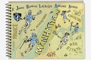 Illustration of notebook and lacrosse players
