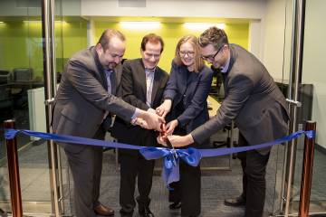 From left: Farouk Dey, Fred Bronstein, Sarah Hoover, and Zane Forshee cut the ribbon on the new LAUNCHPad office space
