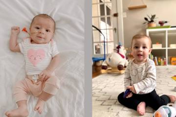 Two photos of Eve McLennan, as a baby and as a one-year-old