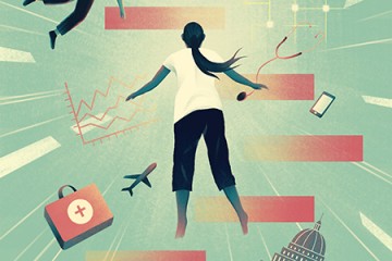 Illustration depicts people flying through a vortex while a smart phone, stethoscope, medical bag, and medical chart whiz past