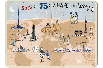 Illustration of a notebook with SAIS celebration doodles
