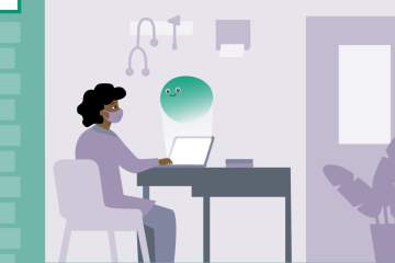 Illustration of a woman chatting with a virtual assistant