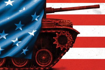 Illustration depicts a tank draped in the American flag in front of a red and white striped background