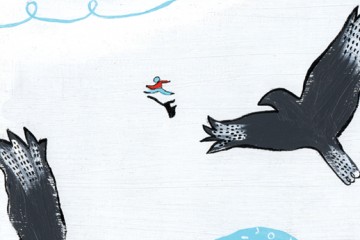 Illustration depicts a person running over ice while twi large birds circle overhead