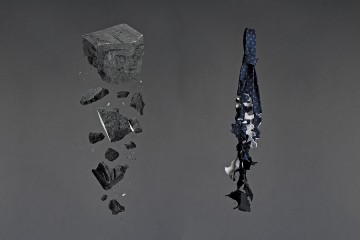Image shows two broken down images. One is a disintegrating block, the other is a disintegrating tie