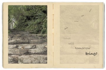 A two-page spread features photos of stone steps on the left and the text 