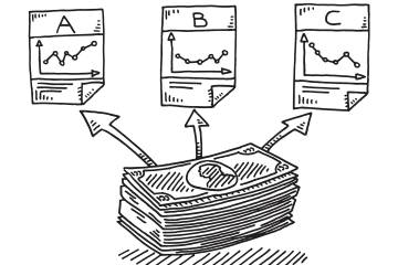 Drawing of dolalrs being directed to three different investment options