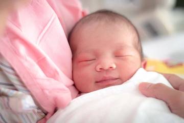Closeup of a sweet-looking one-day-old Asian baby girl