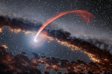 Illustration features a ring of dark dust and a star swooping around the dust cloud with a circular, red-orange tail trailing behind it