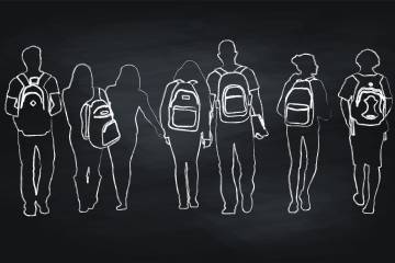 A chalk outline vector silhouette illustration of a group of seven high school students walking together in a row wearing backpacks including young men and young women.