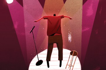 Illustration depicts a person on a stage with a microphone, stool, and bottle of water, standing up suddenly