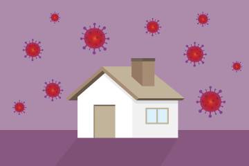 Illustration of house with coronavirus symbols in the sky